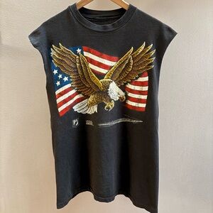 POW MIA vtg 90s faded black eagle US flag chopped biker shirt L Made in USA